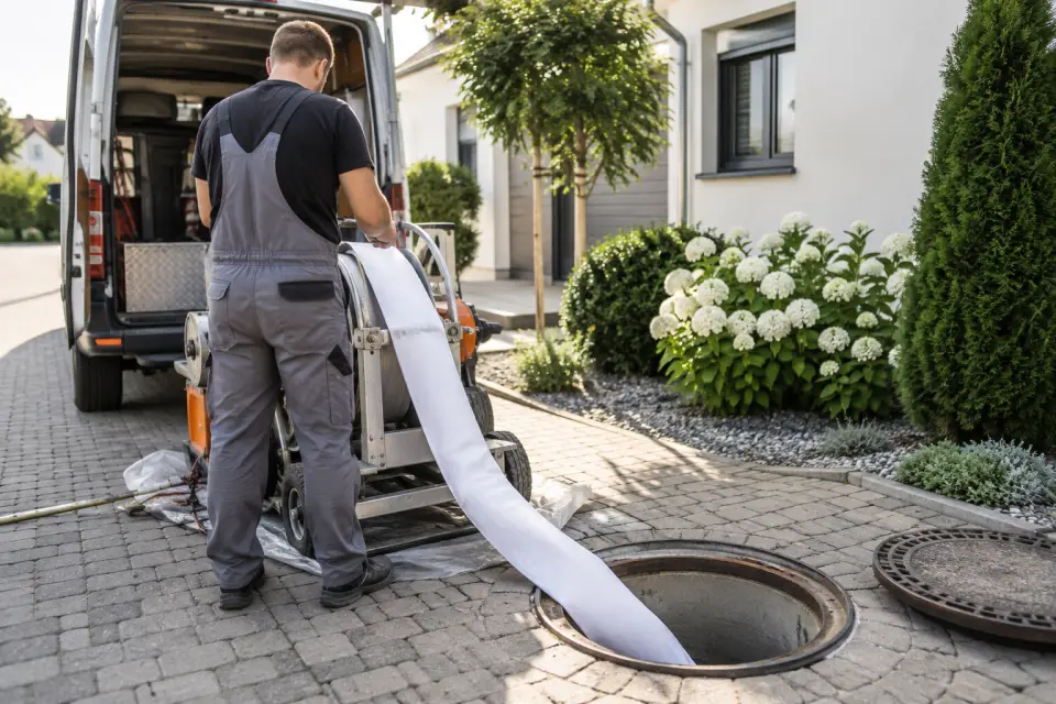 Vorbereiteter Schlauchliner und Sanierungsausrüstung an einem geöffneten Revisionsschacht neben einem Wohnhaus