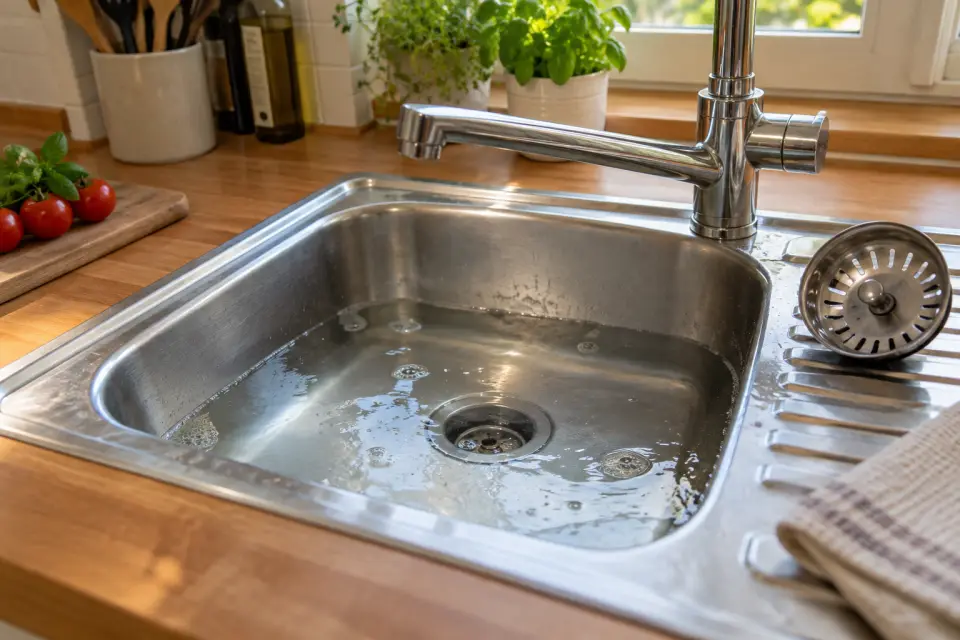 Spülbecken mit langsam ablaufendem Wasser und herausgenommenem Siebeinsatz in einer privaten Küche